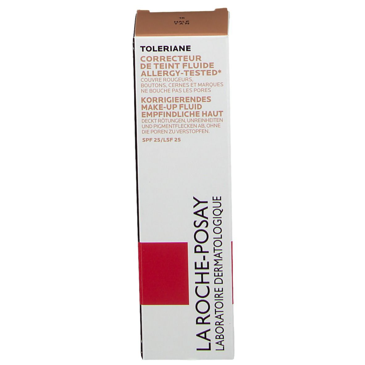 Emballage du produit. Teinte 16. Toleriane, Correcteur de Teint Fluide, Testé contre les allergies. SPF 25/LSF 25. La Roche-Posay.