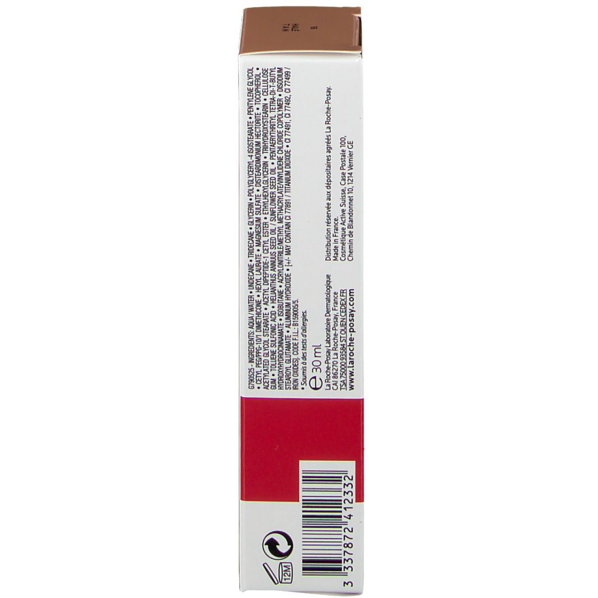 Emballage du produit. Côté avec ingrédients et informations. La Roche-Posay. E 30 ml.