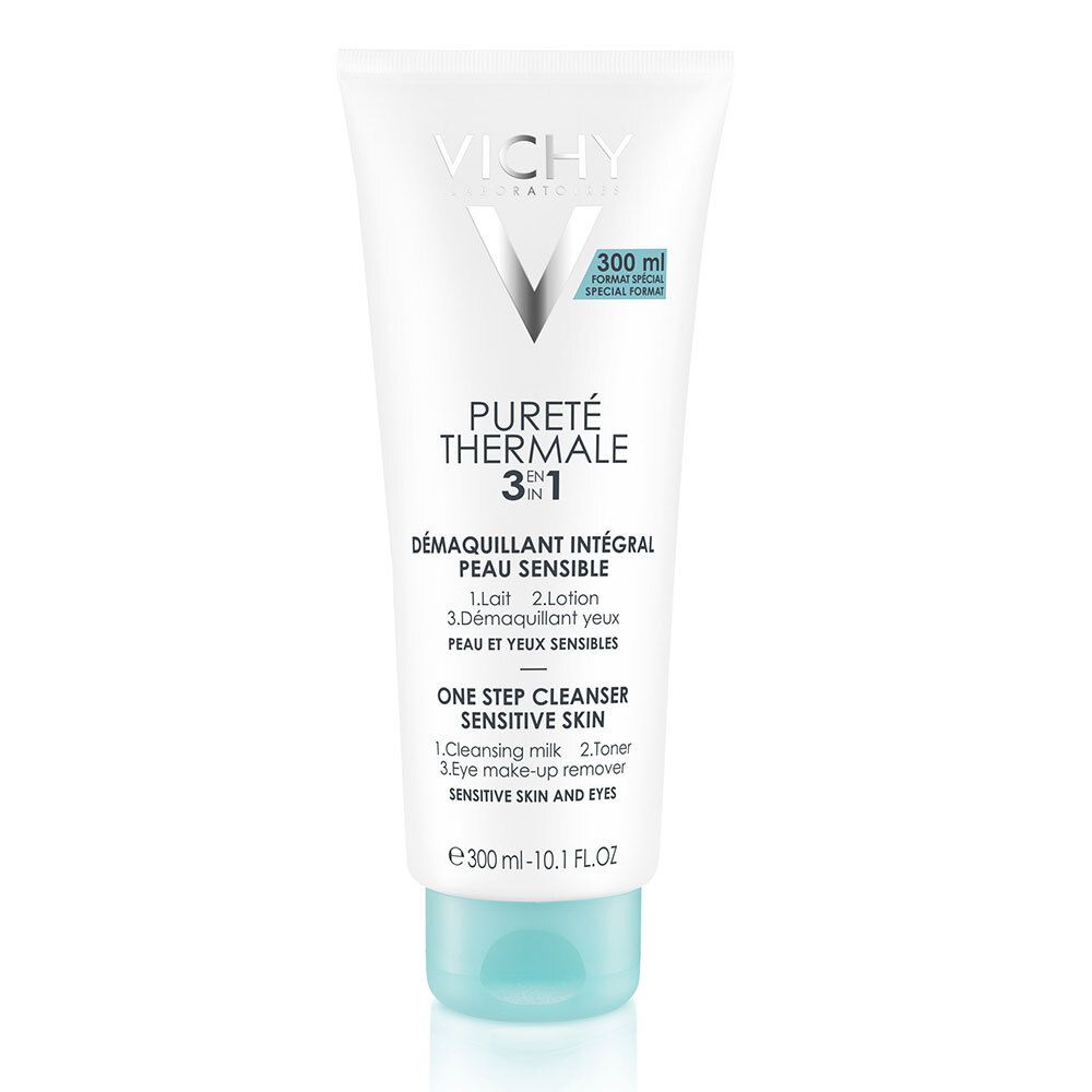Tube blanc avec bouchon bleu. Inscription : VICHY, Pureté Thermale 3 en 1. Pour peaux sensibles. 300 ml.