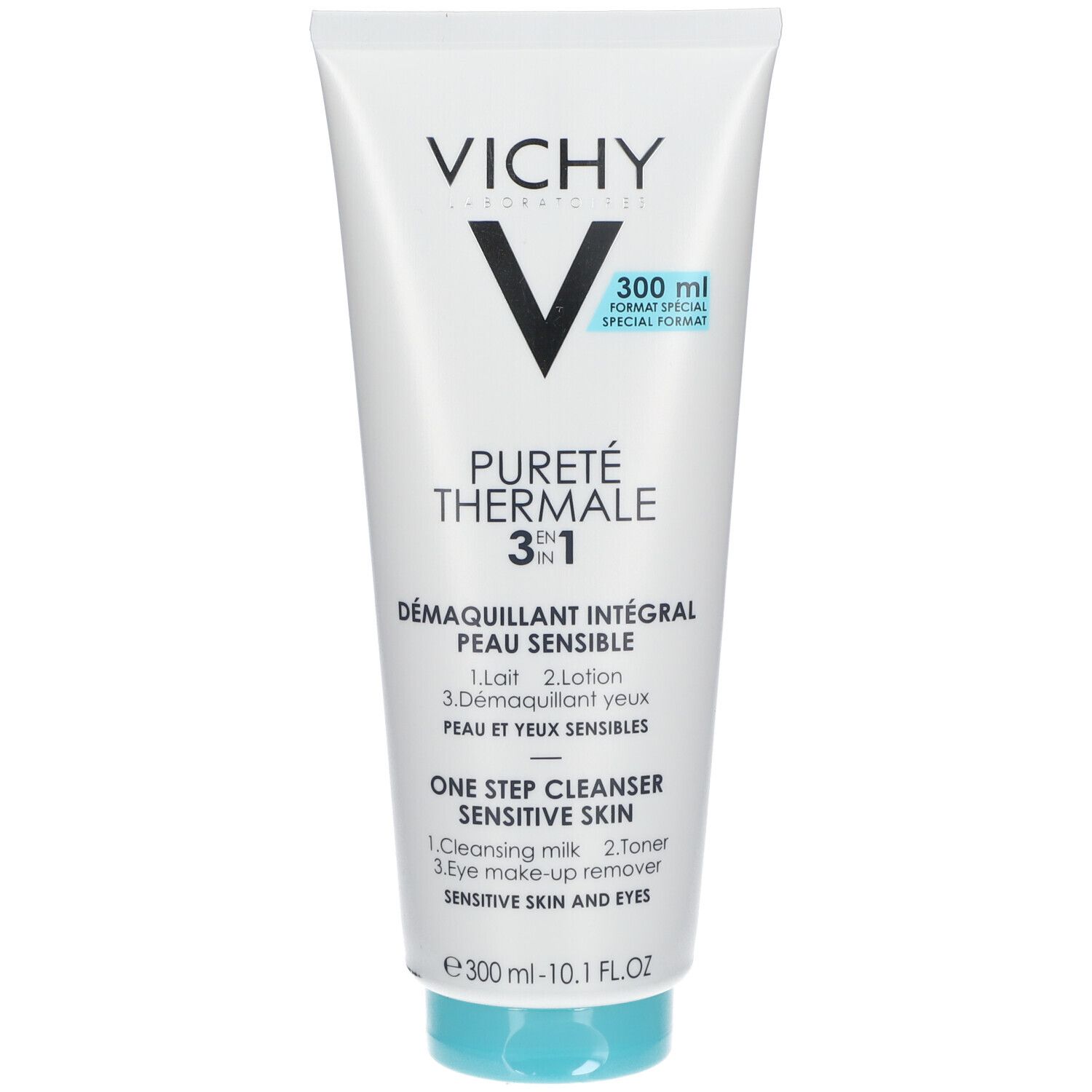 Tube blanc avec bouchon bleu. Inscription : VICHY, Pureté Thermale 3 en 1. Pour peaux sensibles. 300 ml.