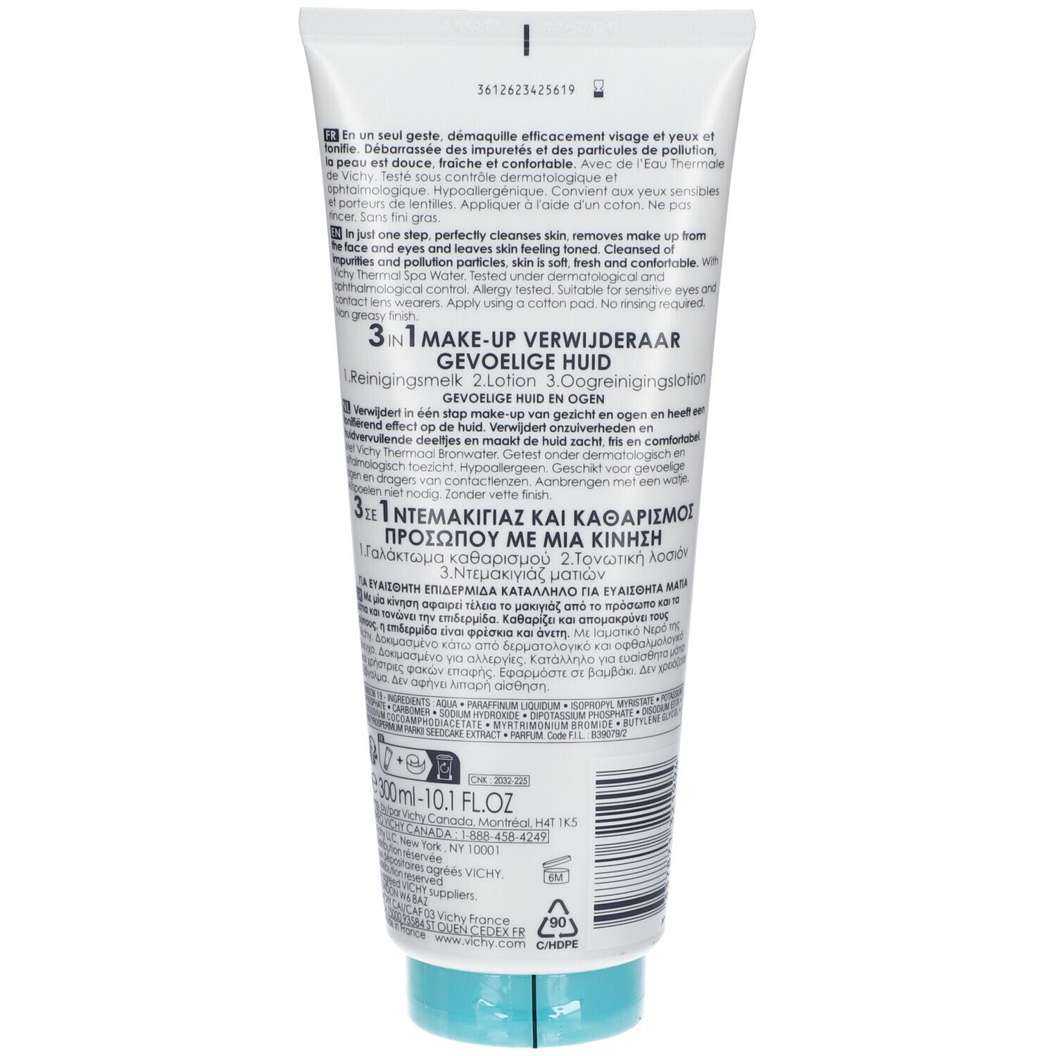 Dos du tube VICHY Pureté Thermale 3 en 1. Texte en plusieurs langues. Informations sur le produit.