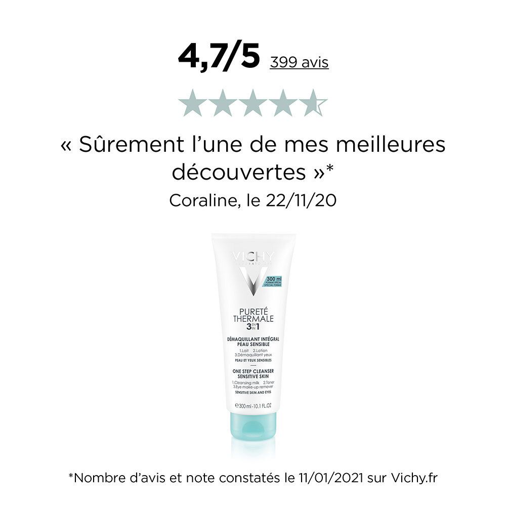 Évaluation de 4,7/5 étoiles. Produit VICHY Pureté Thermale 3 en 1. Citation : « Sûrement l'une de mes meilleures découvertes ».