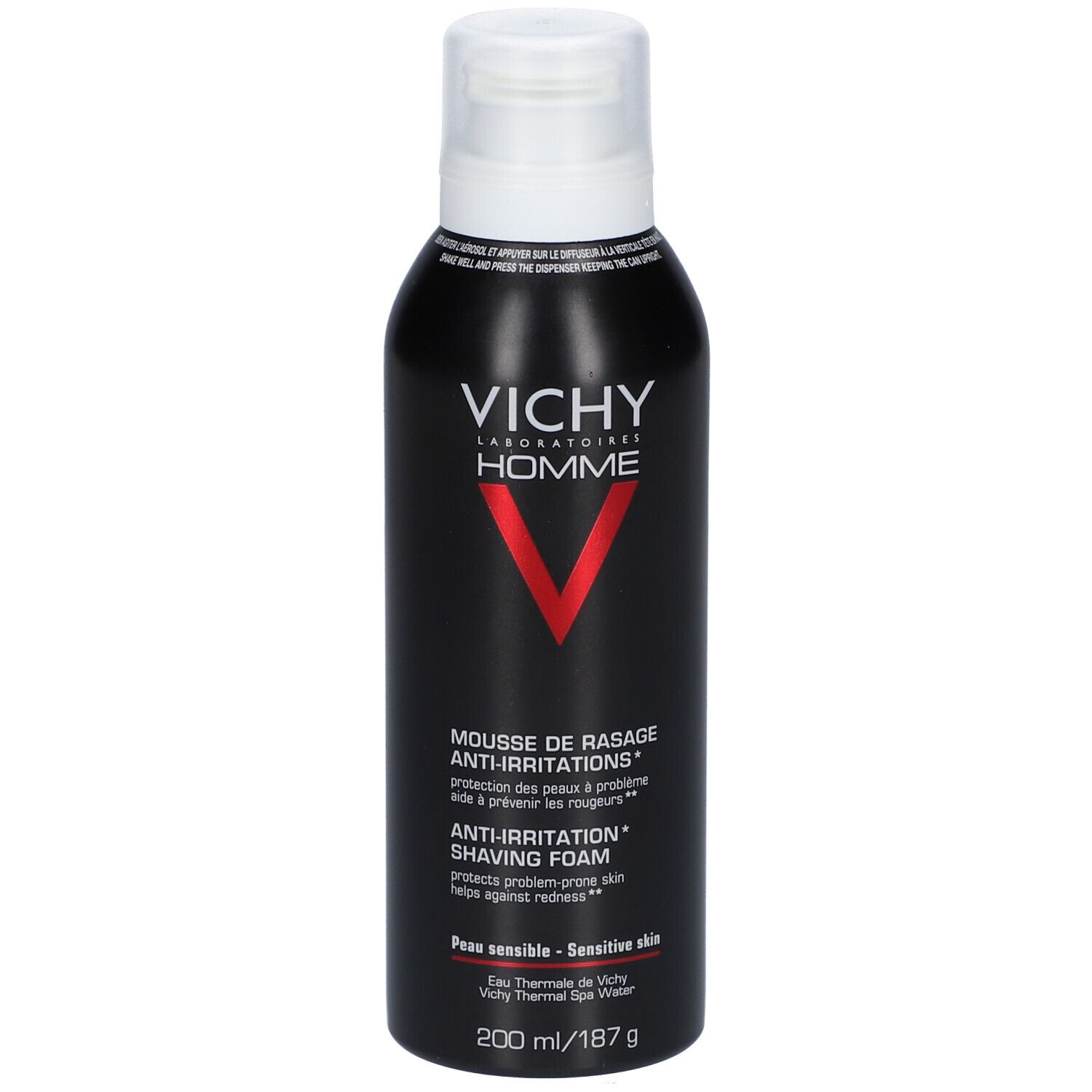 Schwarze Flasche mit weißem Deckel. Text: VICHY HOMME, MOUSSE DE RASAGE ANTI-IRRITATIONS, ANTI-IRRITATION SHAVING FOAM, 200 ml/187 g.