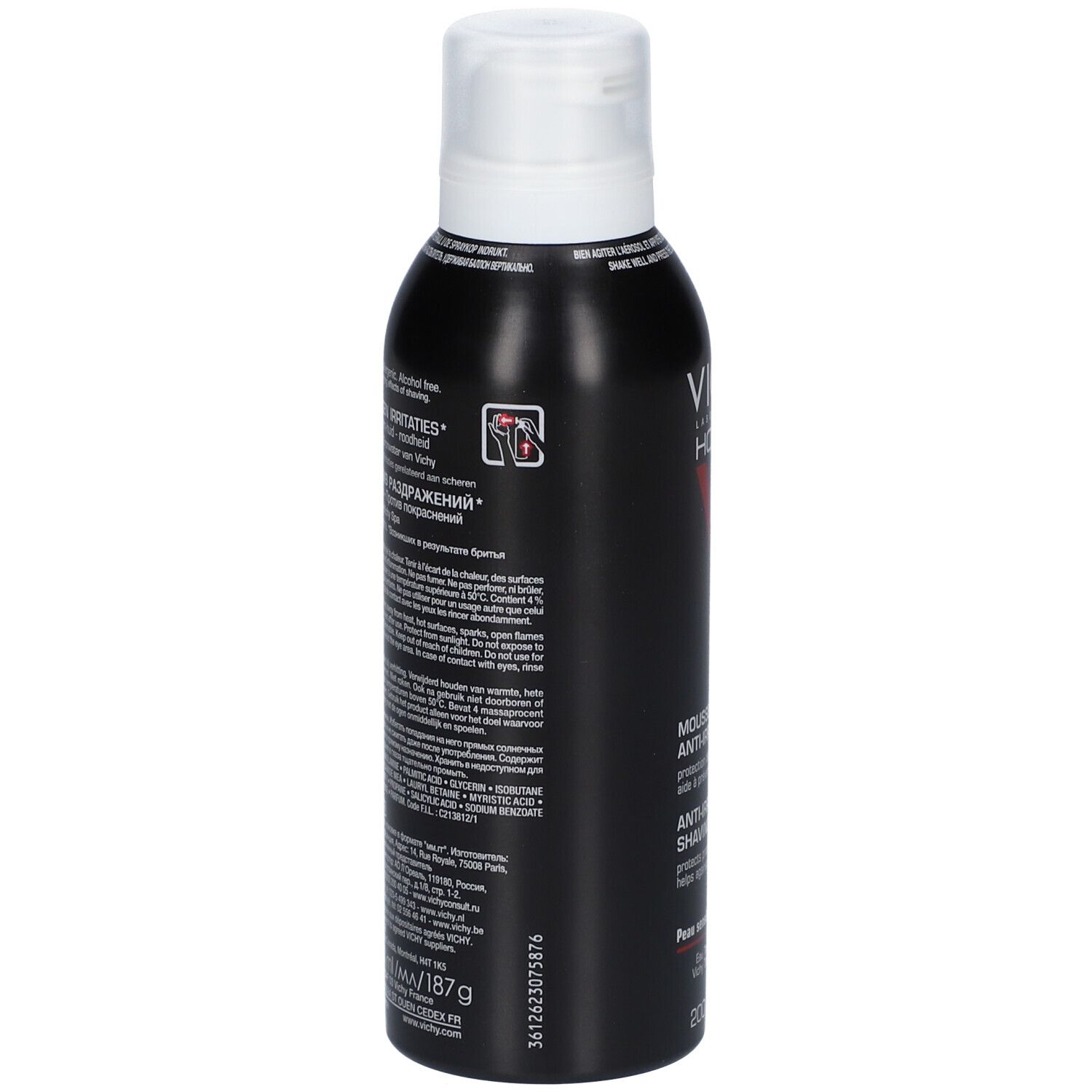 Rückseite der schwarzen Flasche. Text: MOUSSE DE RASAGE ANTI-IRRITATIONS, ANTI-IRRITATION SHAVING FOAM. Inhaltsstoffe, Anwendungshinweise, Warnhinweise, 187 g.