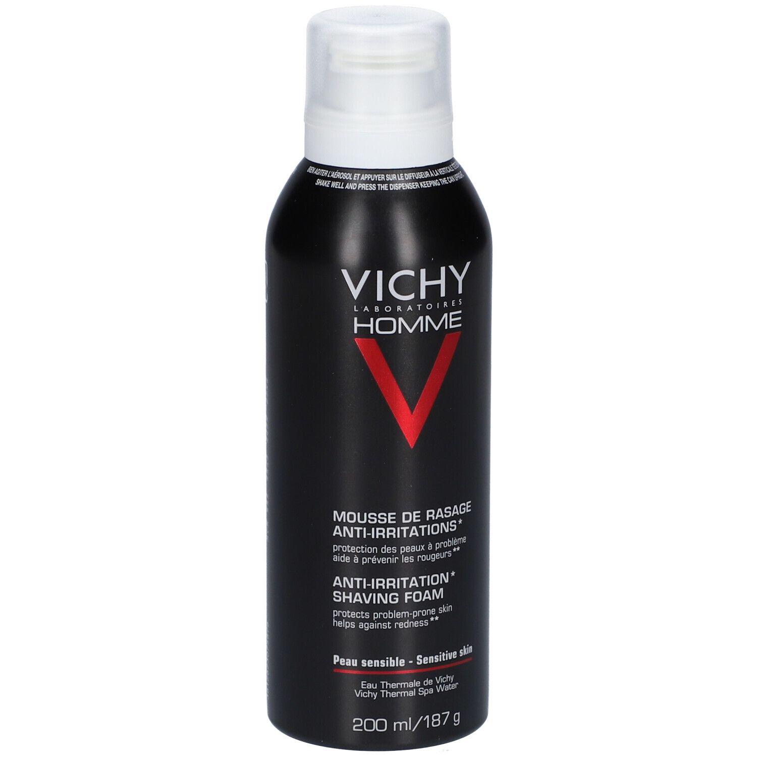 Schwarze Flasche mit weißem Deckel. Text: VICHY HOMME, MOUSSE DE RASAGE ANTI-IRRITATIONS, ANTI-IRRITATION SHAVING FOAM, 200 ml/187 g.