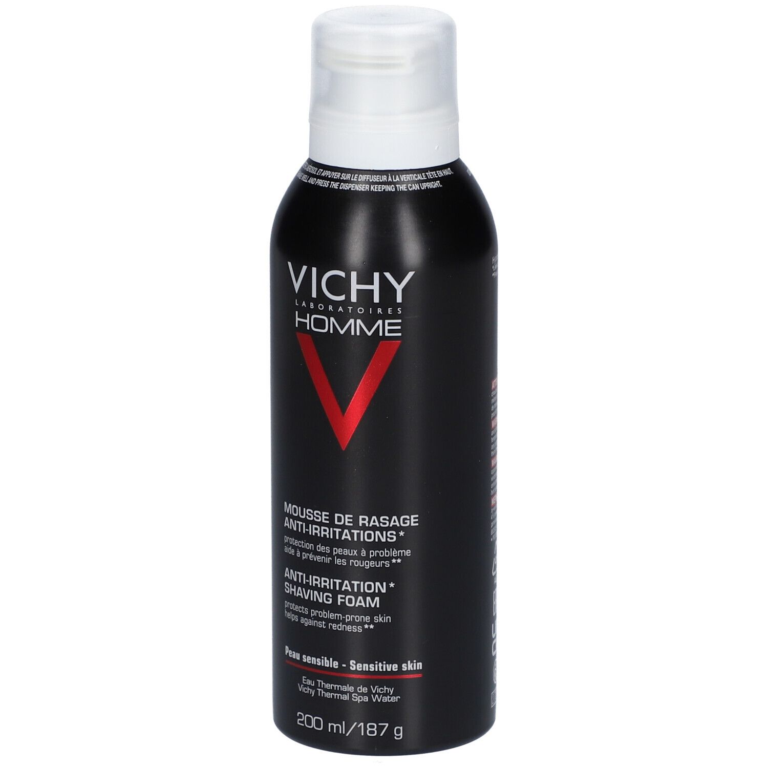 Schwarze Flasche mit weißem Deckel. Text: VICHY HOMME, MOUSSE DE RASAGE ANTI-IRRITATIONS, ANTI-IRRITATION SHAVING FOAM, 200 ml/187 g.