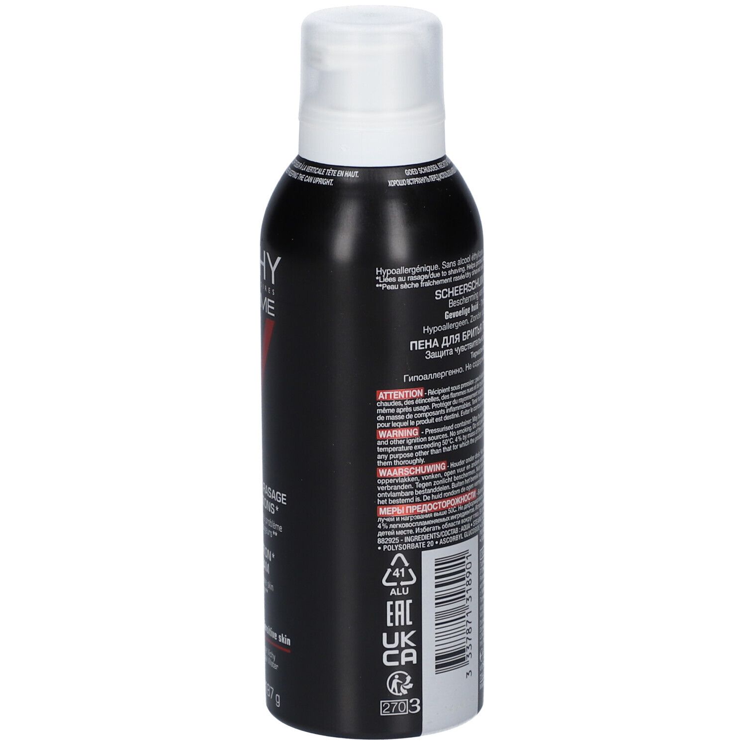 Rückseite der schwarzen Flasche. Text: Inhaltsstoffe, Anwendungshinweise, Warnhinweise, 200 ml/187 g. Logos: EU, UK, CA.