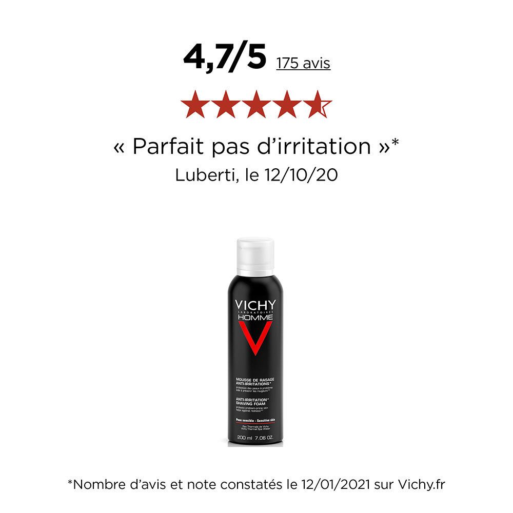 Produkt mit Bewertung 4,7/5 Sternen. Zitat: «Parfait pas d'irritation» von Luberti, 12/10/20. Schwarze Flasche mit weißem Deckel. Text: VICHY HOMME, MOUSSE DE RASAGE ANTI-IRRITATIONS.