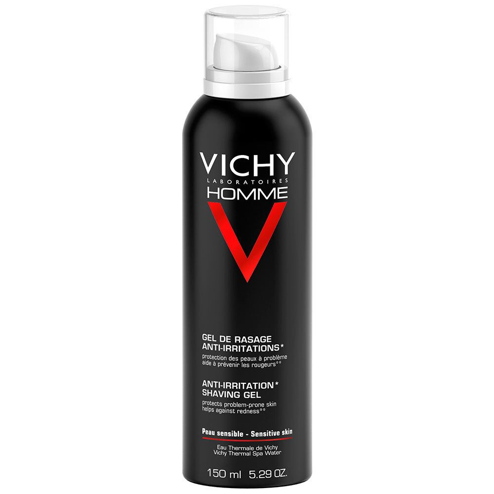 Schwarze Dose mit weißem Sprühkopf. VICHY HOMME Rasiergel Anti-Hautirritationen. Roter V-förmiger Schriftzug. 150 ml.