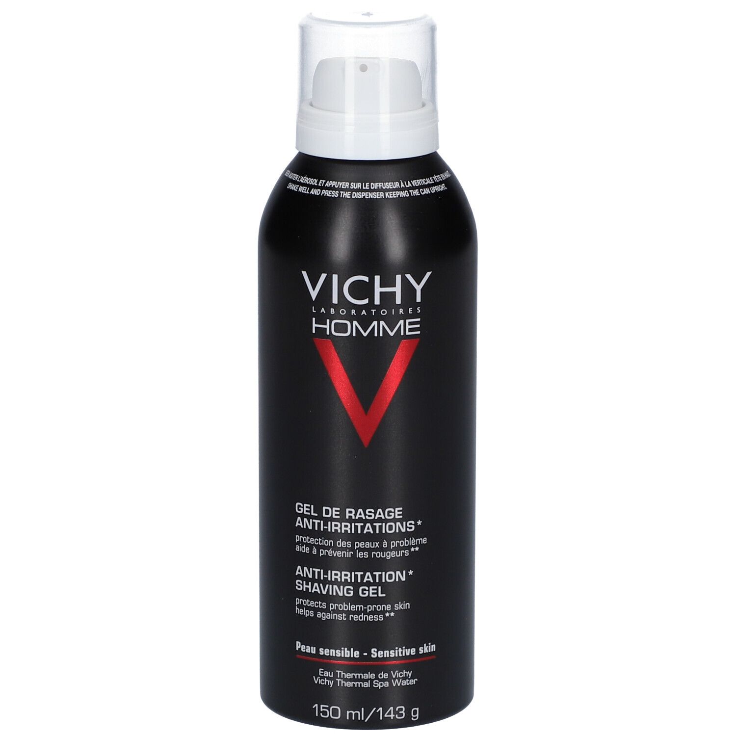 Schwarze Dose mit weißem Sprühkopf. VICHY HOMME Rasiergel Anti-Hautirritationen. Roter V-förmiger Schriftzug. 150 ml.
