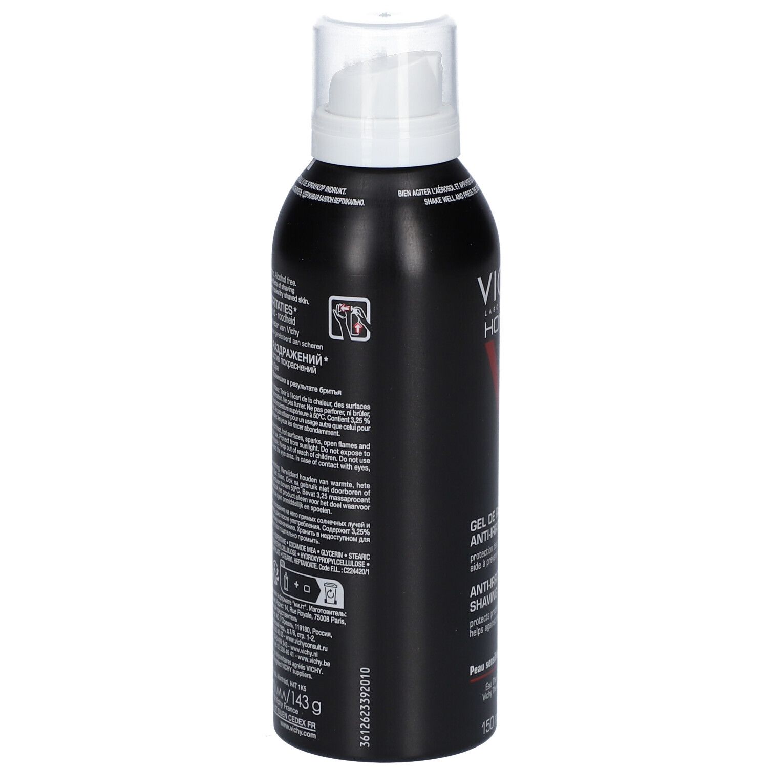 Schwarze Dose mit weißem Sprühkopf. VICHY HOMME Rasiergel Anti-Hautirritationen. Rückseite mit Text. 143g.