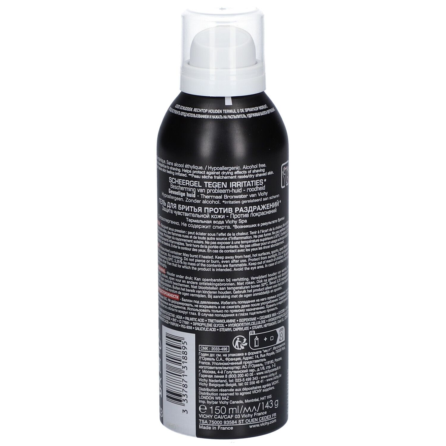 Schwarze Dose mit weißem Sprühkopf. VICHY HOMME Rasiergel Anti-Hautirritationen. Rückseite mit Text. 143g.