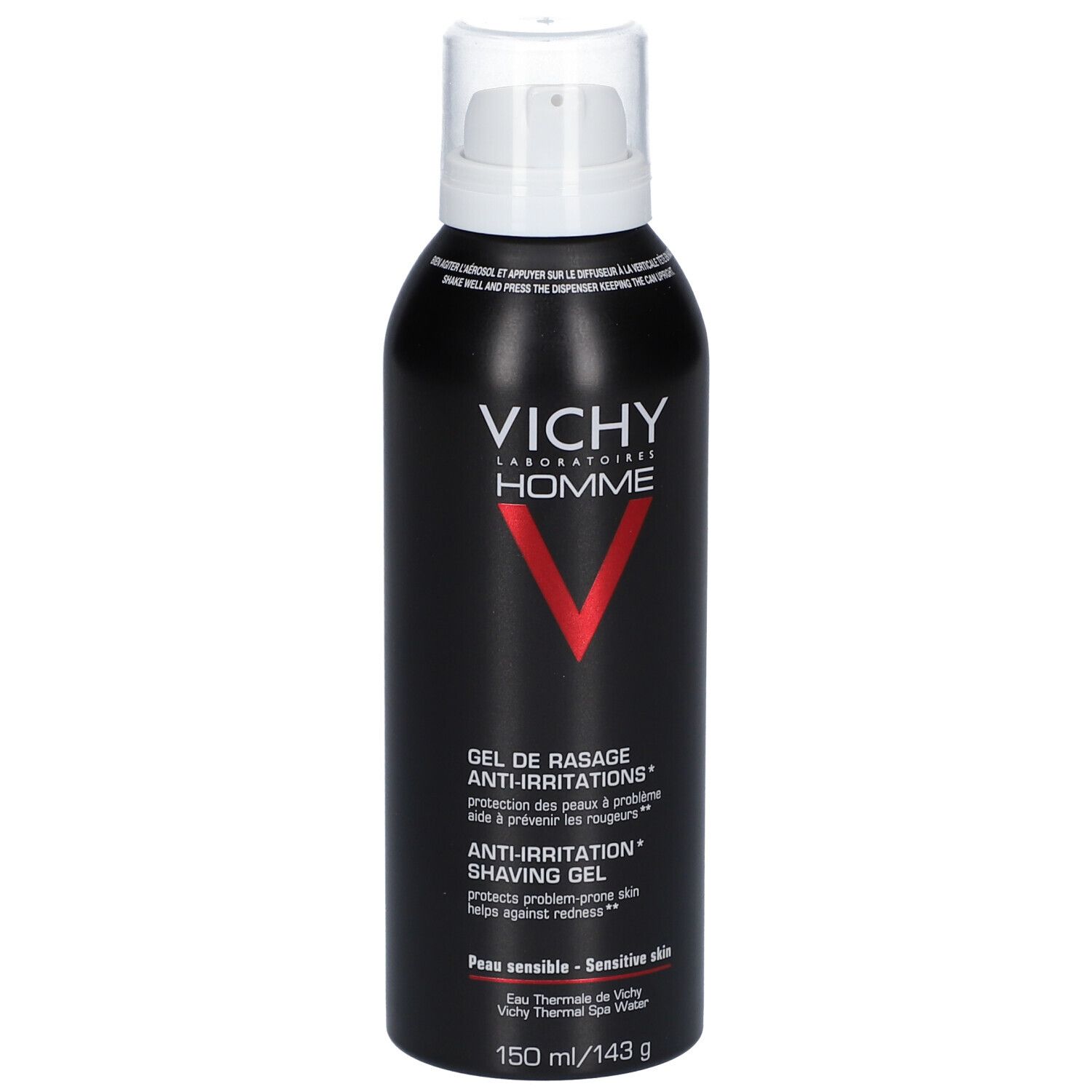 Schwarze Dose mit weißem Sprühkopf. VICHY HOMME Rasiergel Anti-Hautirritationen. Roter V-förmiger Schriftzug. 150 ml.