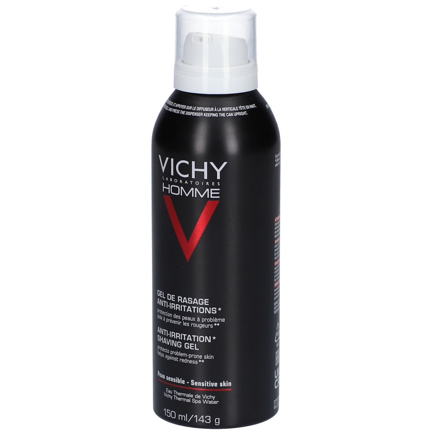 Schwarze Dose mit weißem Sprühkopf. VICHY HOMME Rasiergel Anti-Hautirritationen. Roter V-förmiger Schriftzug. 150 ml.