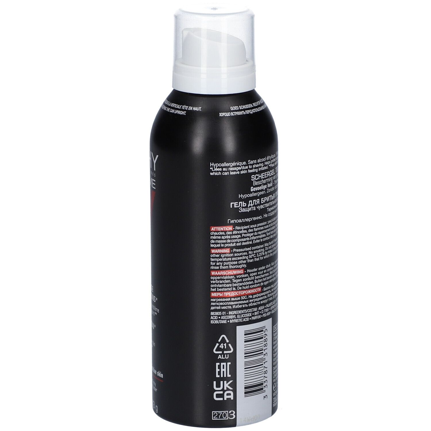 Schwarze Dose mit weißem Sprühkopf. VICHY HOMME Rasiergel Anti-Hautirritationen. Rückseite mit Text. 143g.