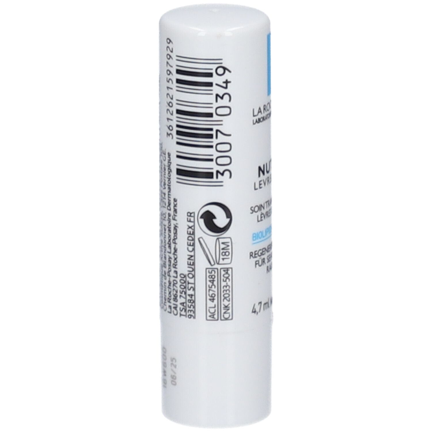 Stick à lèvres blanc avec code-barres et texte. Inscription: La Roche-Posay, 4,7 ml, 18M, 08/25.