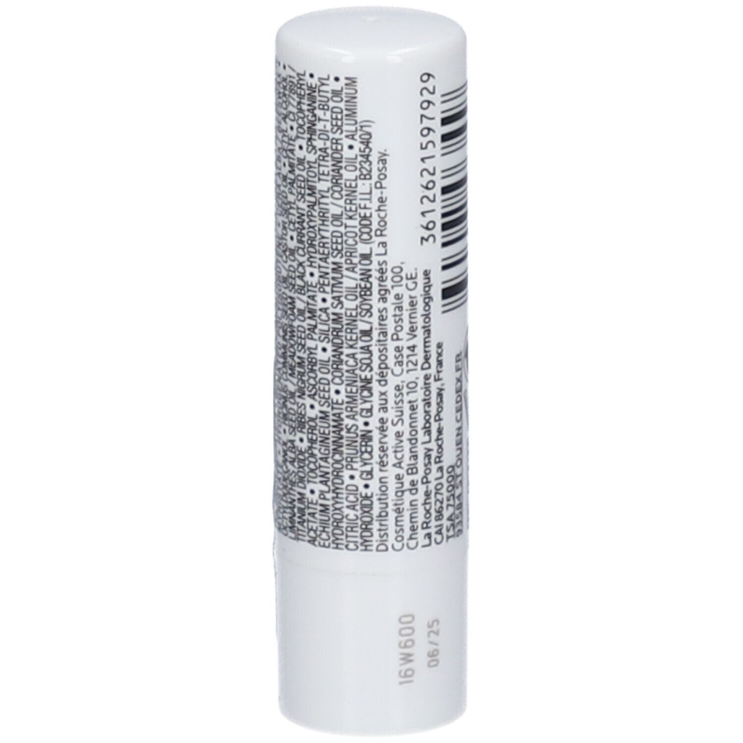 Stick à lèvres blanc avec texte. Inscription: La Roche-Posay, ingrédients, 08/25, 16W600.