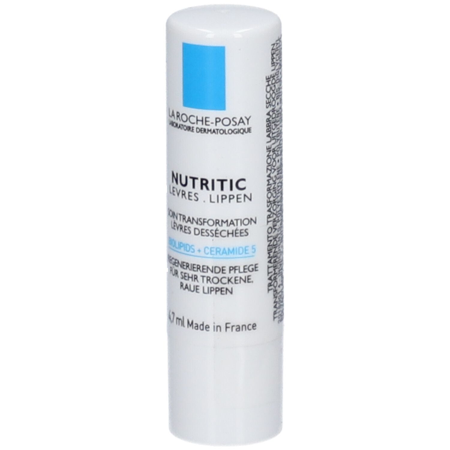 Stick à lèvres blanc avec texte bleu. Inscription: Nutritic Levres Lippen, Soin Transformation Levres Desséchées, 4,7 ml.