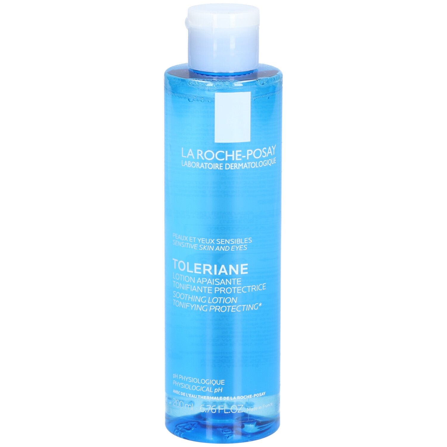 Flacon bleu avec bouchon blanc. Inscription La Roche-Posay. Lotion pour peaux sensibles. 200 ml.