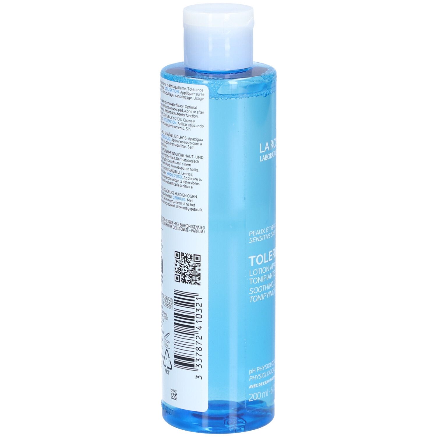 Dos du flacon bleu. Texte multilingue. Ingrédients, informations fabricant et symboles de recyclage.