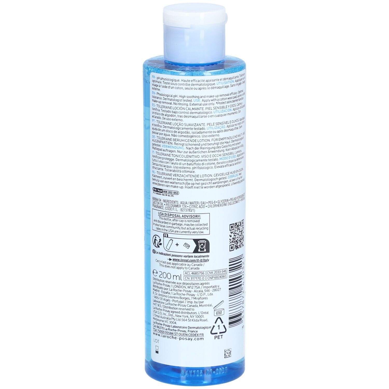 Dos du flacon bleu. Texte multilingue. Ingrédients, informations fabricant et symboles de recyclage.
