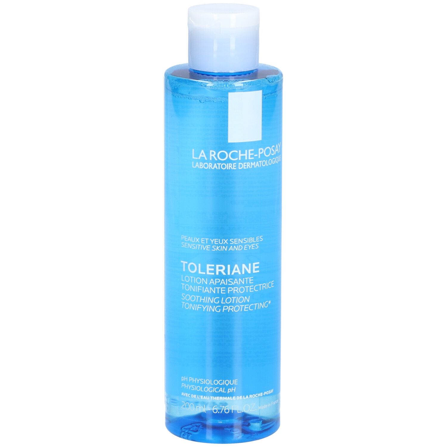 Flacon bleu avec bouchon blanc. Inscription La Roche-Posay. Lotion pour peaux sensibles. 200 ml.