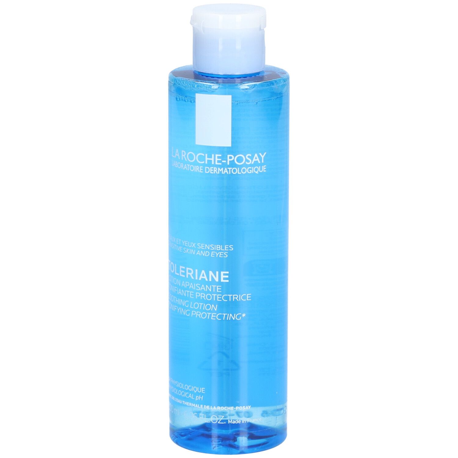 Flacon bleu avec bouchon blanc. Inscription La Roche-Posay. Lotion pour peaux sensibles. 200 ml.