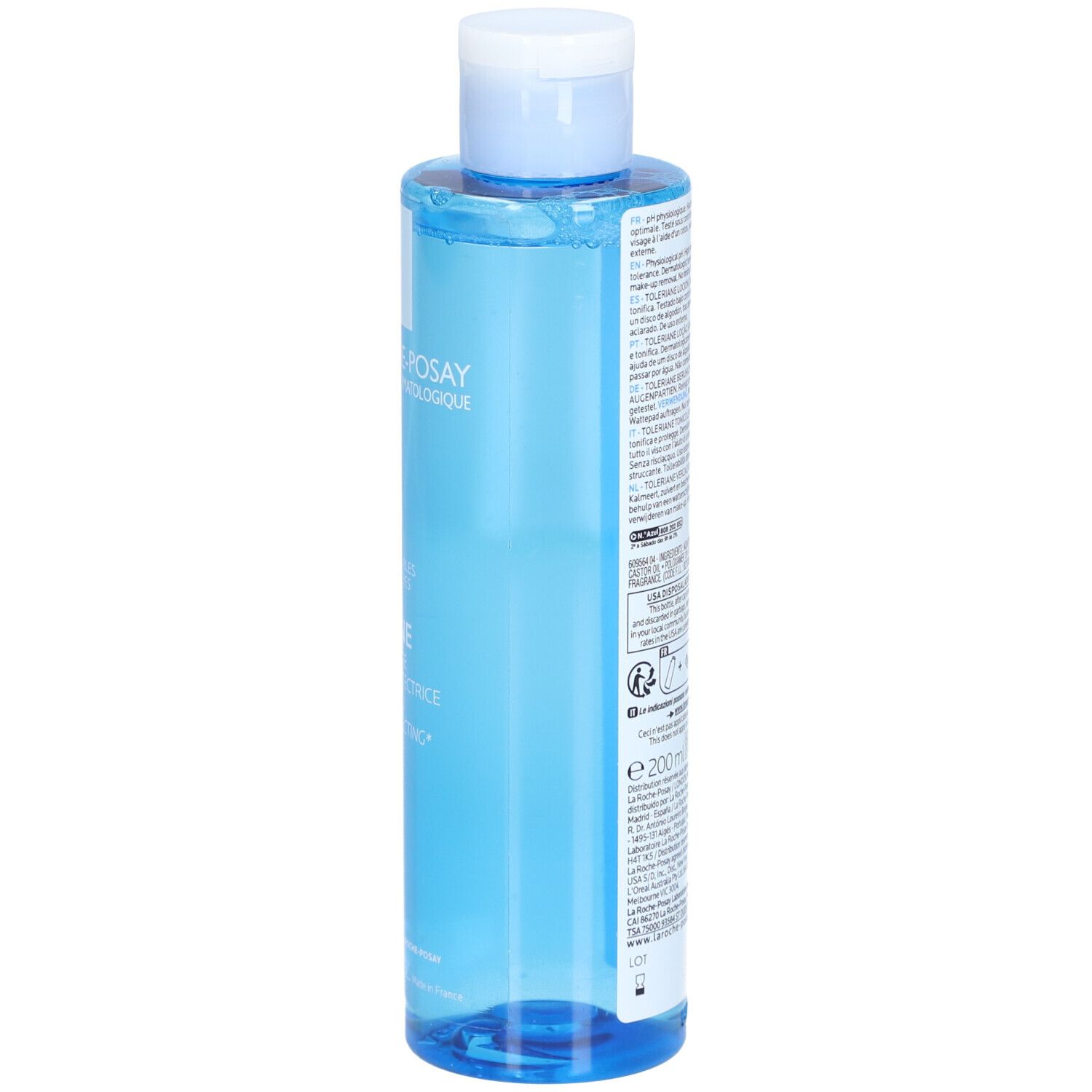 Dos du flacon bleu. Texte multilingue. Ingrédients, informations fabricant et symboles de recyclage.
