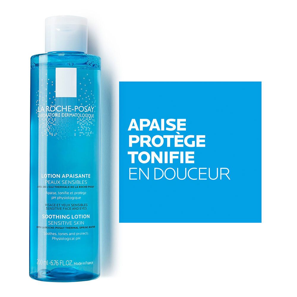 Flacon bleu avec bouchon blanc. Texte La Roche-Posay. Lotion pour peaux sensibles. Fond bleu : 'Apaise, protège, tonifie'.