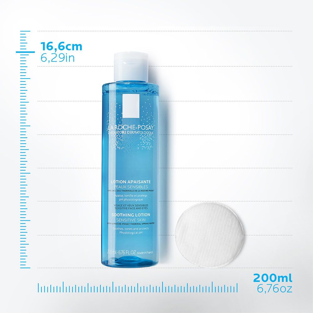 Flacon bleu avec bouchon blanc et coton. Dimensions : 16,6 cm de haut, 6,29 pouces. 200 ml.