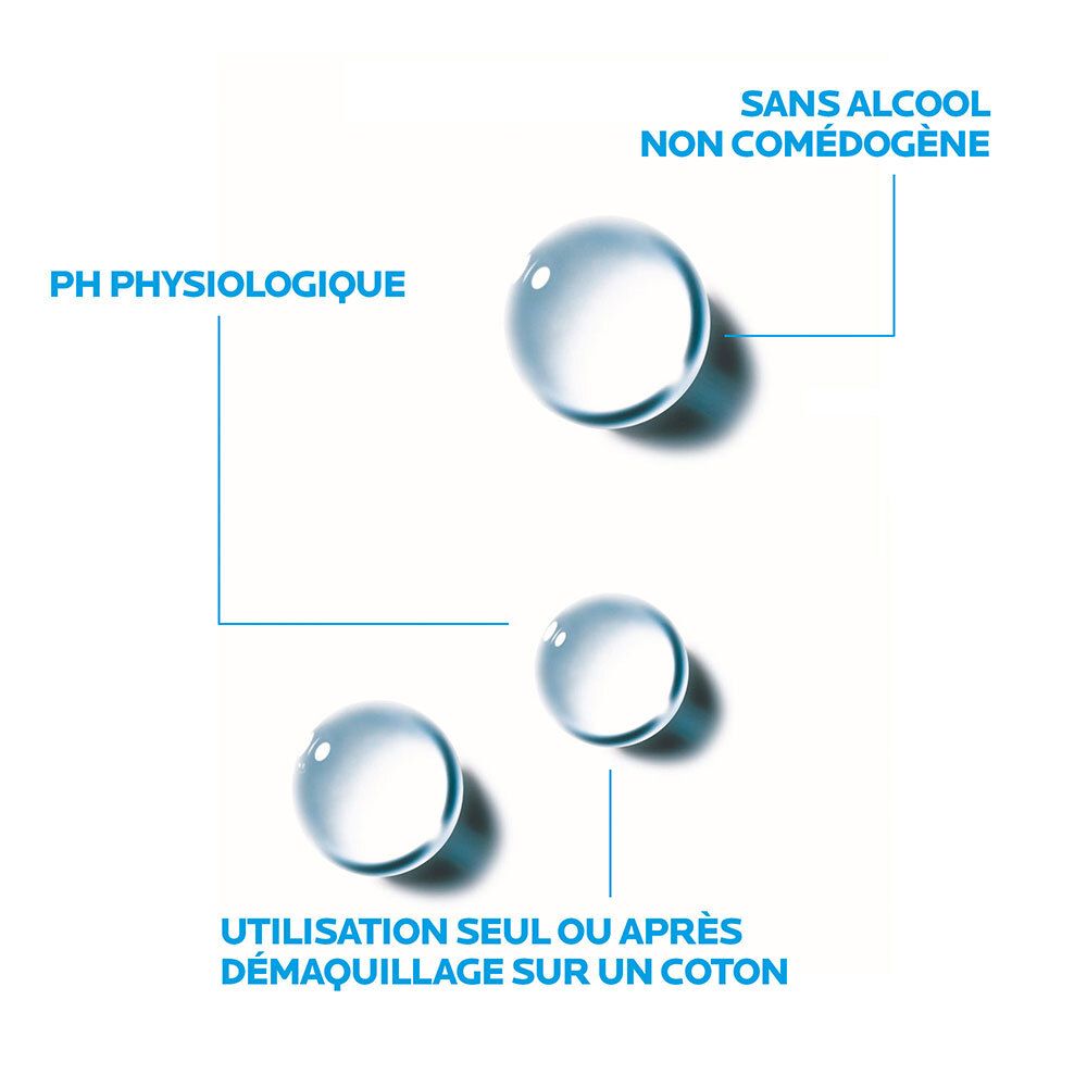 Graphique avec gouttes d'eau. Texte : 'pH physiologique', 'Sans alcool', 'Utilisation avec coton'.