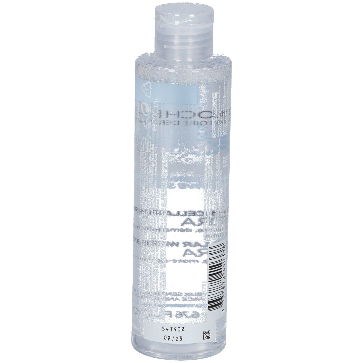 Dos d'un flacon transparent. Code-barres et texte. Produit: La Roche-Posay Eau Micellaire Ultra.