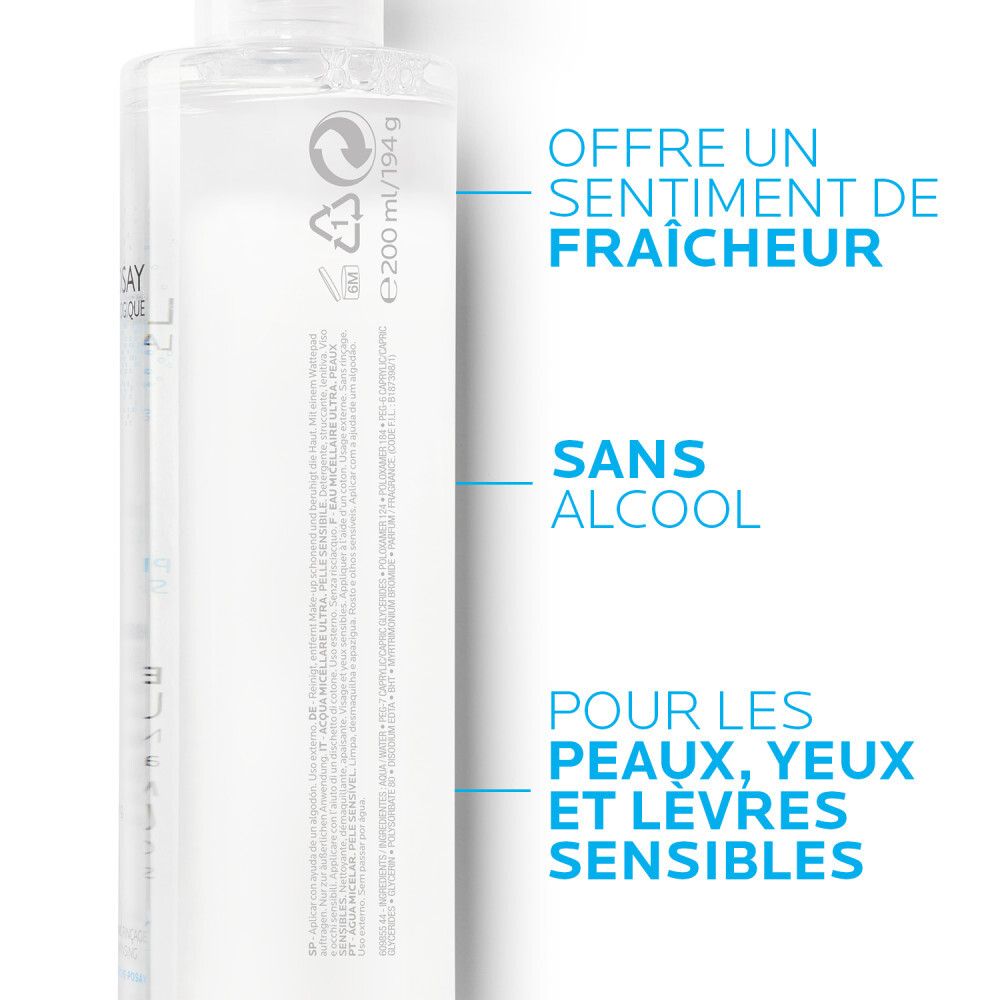 Dos d'un flacon. Texte en français: Offre un sentiment de fraîcheur. Sans alcool. Pour peaux, yeux et lèvres sensibles.