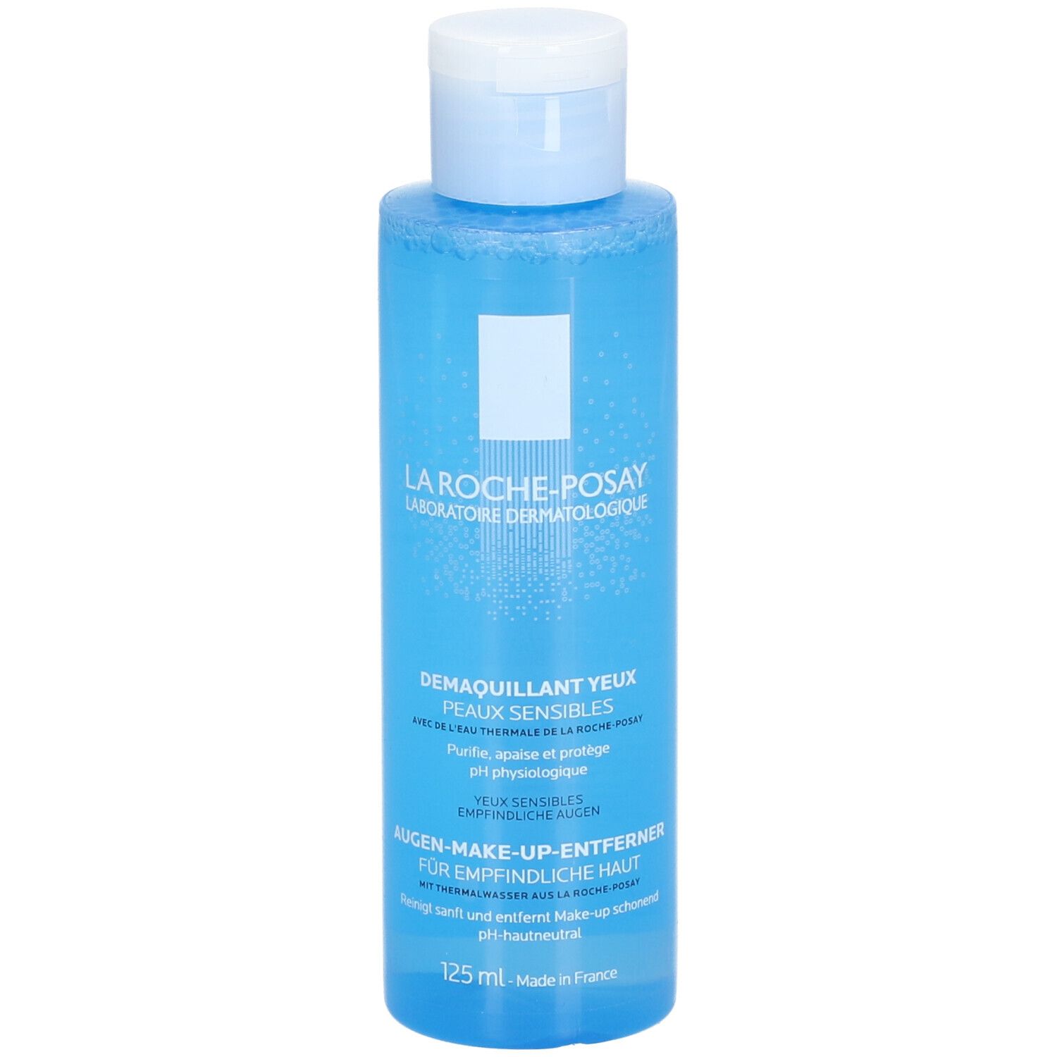 Blauwe fles met witte dop. Tekst: La Roche-Posay, Oogmake-up remover, 125 ml.