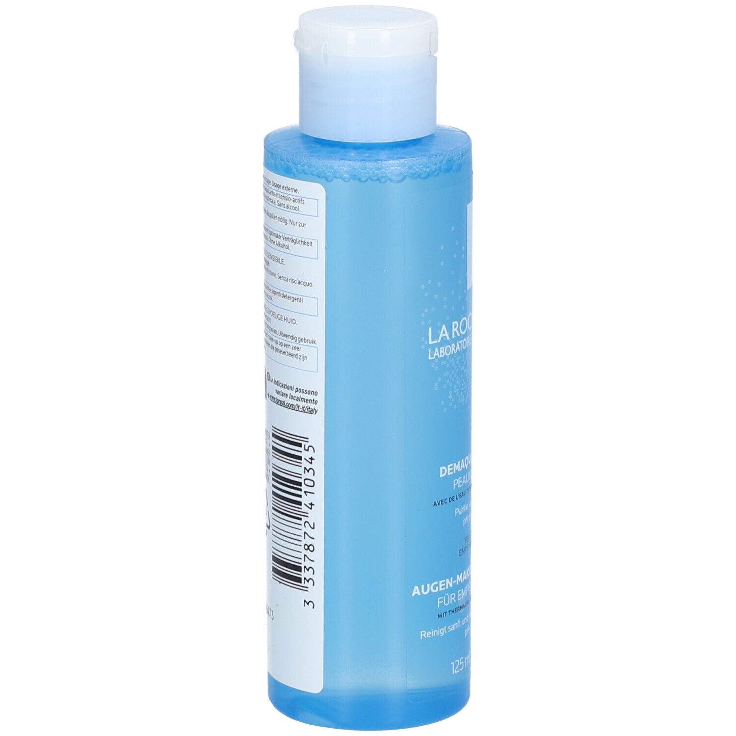 Achterkant fles. Tekst: Ingrediënten, 125 ml, barcode, recyclingsymbolen.