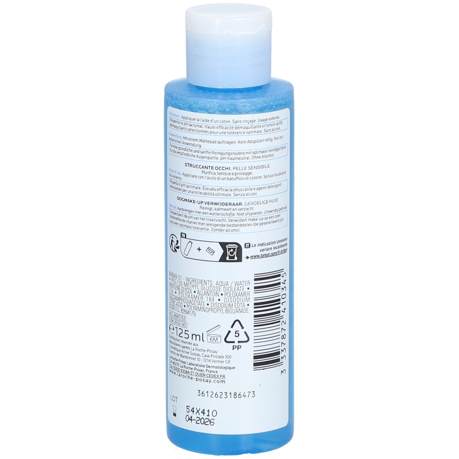 Achterkant fles. Tekst: Ingrediënten, 125 ml, barcode, recyclingsymbolen.