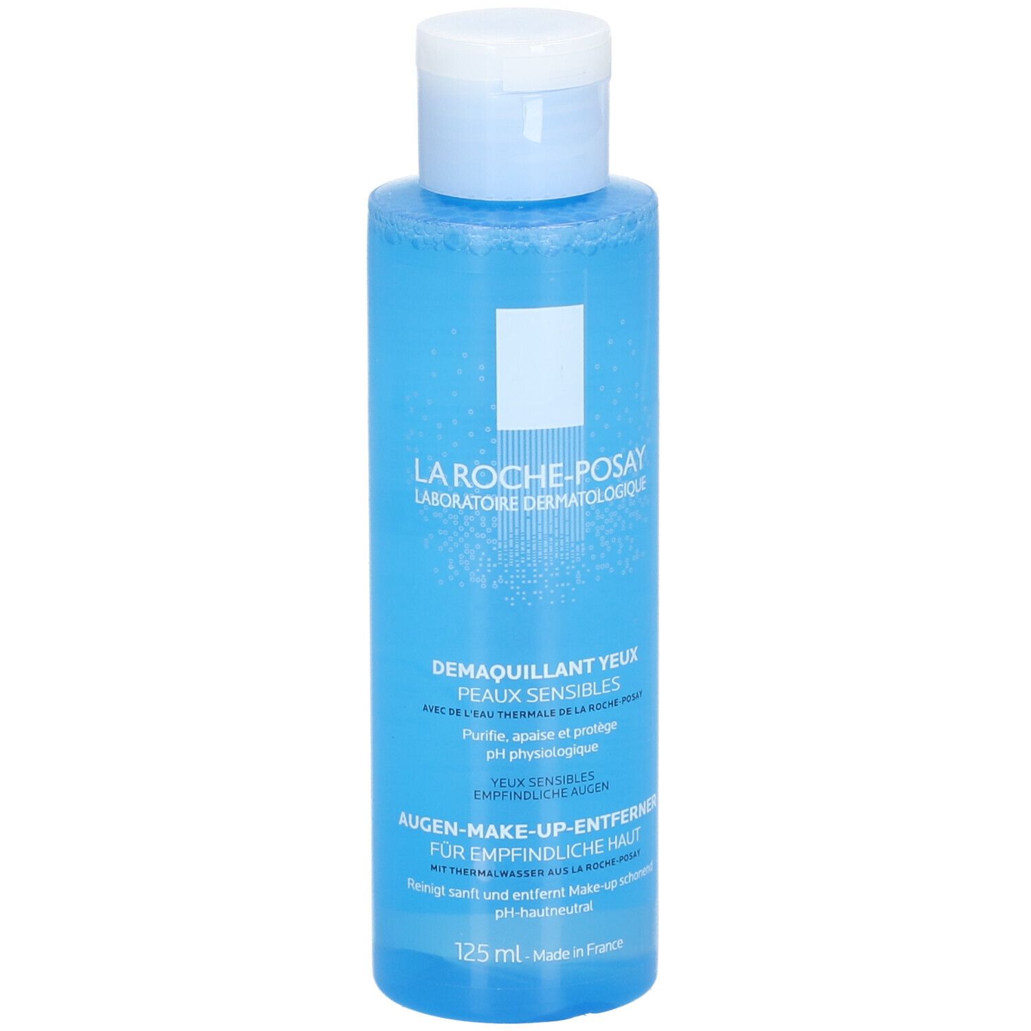 Blauwe fles met witte dop. Tekst: La Roche-Posay, Oogmake-up remover, 125 ml.