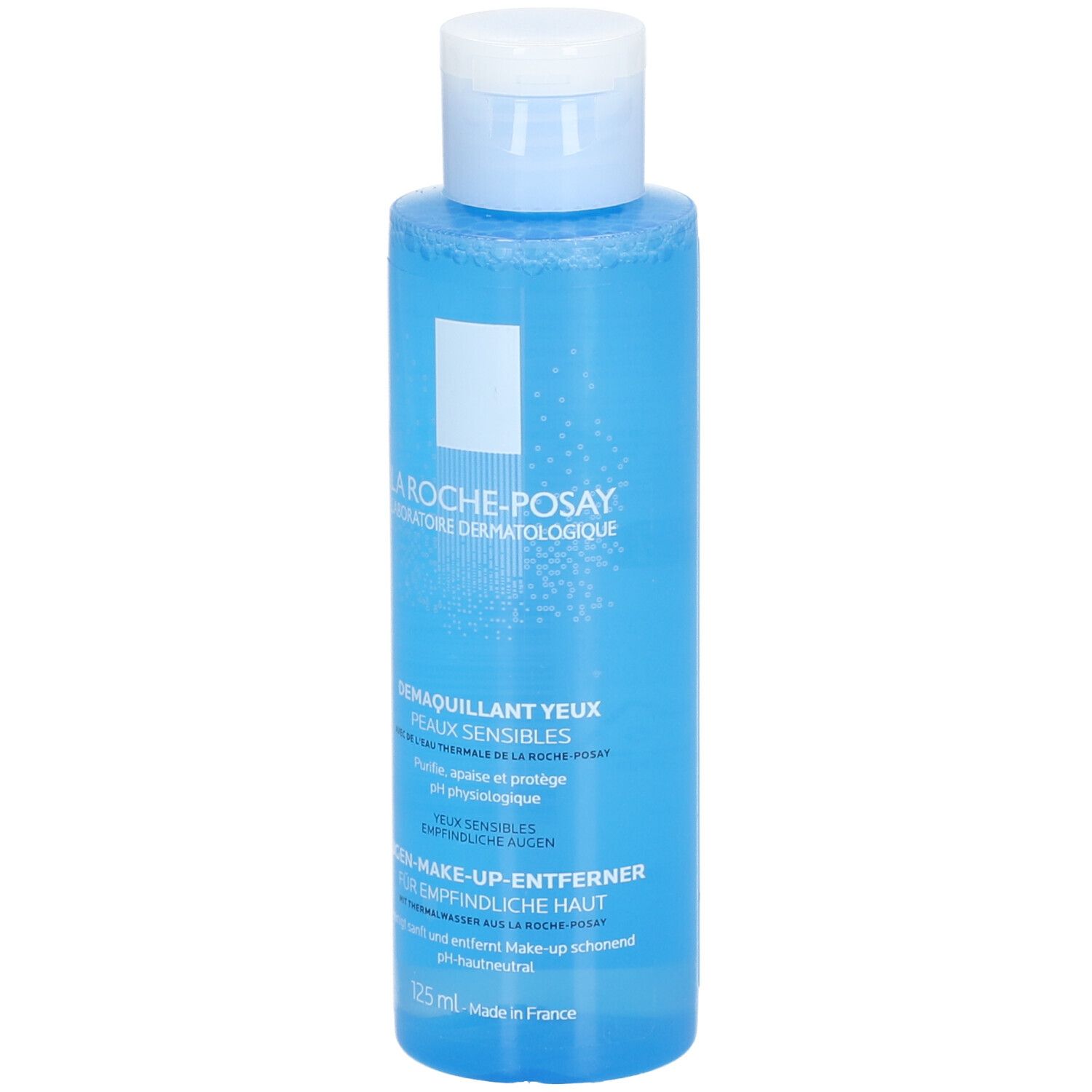 Blauwe fles met witte dop. Tekst: La Roche-Posay, Oogmake-up remover, 125 ml.