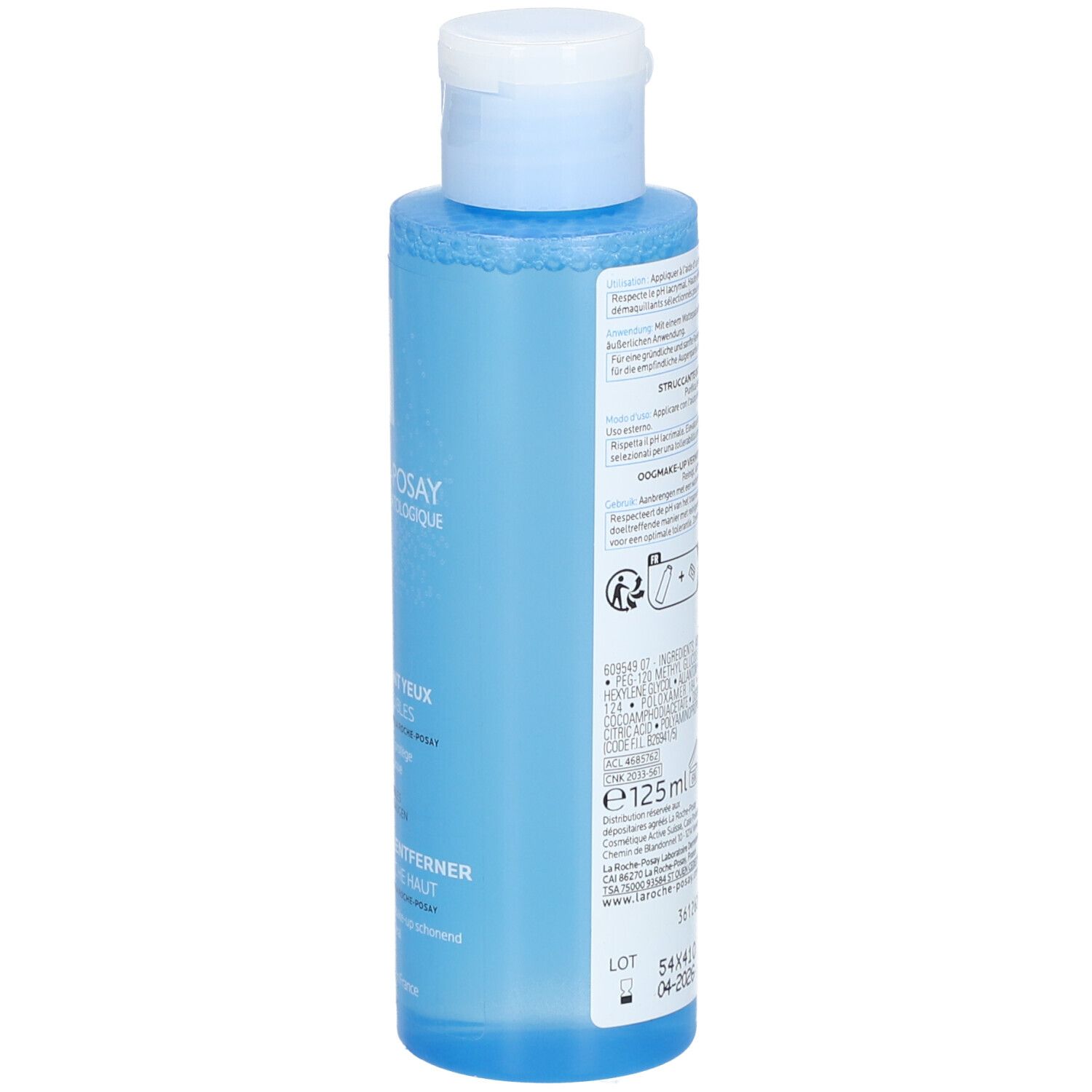 Achterkant fles. Tekst: Ingrediënten, 125 ml, barcode, recyclingsymbolen.