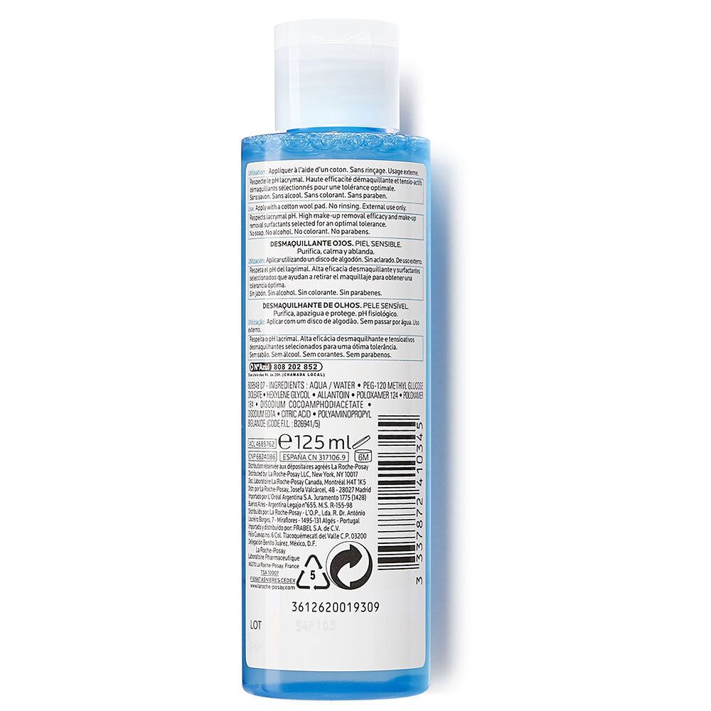 Achterkant van de fles. Tekst: Ingrediënten, 125 ml, barcode, recyclingsymbolen.