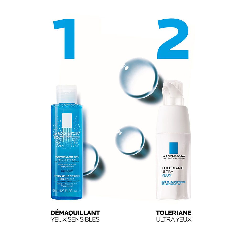 Twee producten. Links: Demáquillant Yeux. Rechts: Toleriane Ultra Yeux. Waterdruppels.