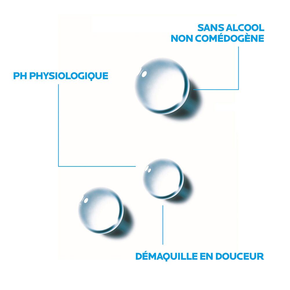 Waterdruppels. Tekst: pH-fysiologisch, zonder alcohol, niet-comedogeen, zacht reinigend.
