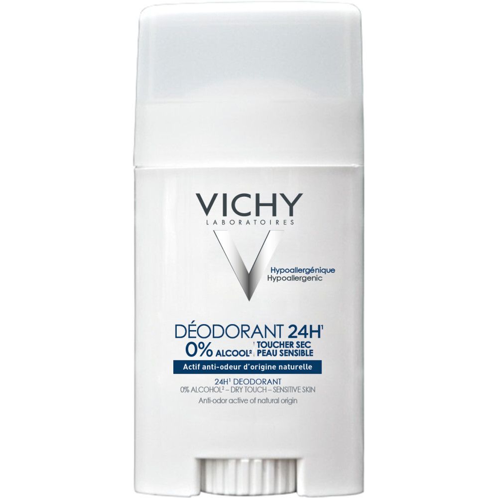 Witte deodorantstick met dop. VICHY-logo en productnaam. Tekst: 24H, 0% alcohol, gevoelige huid.