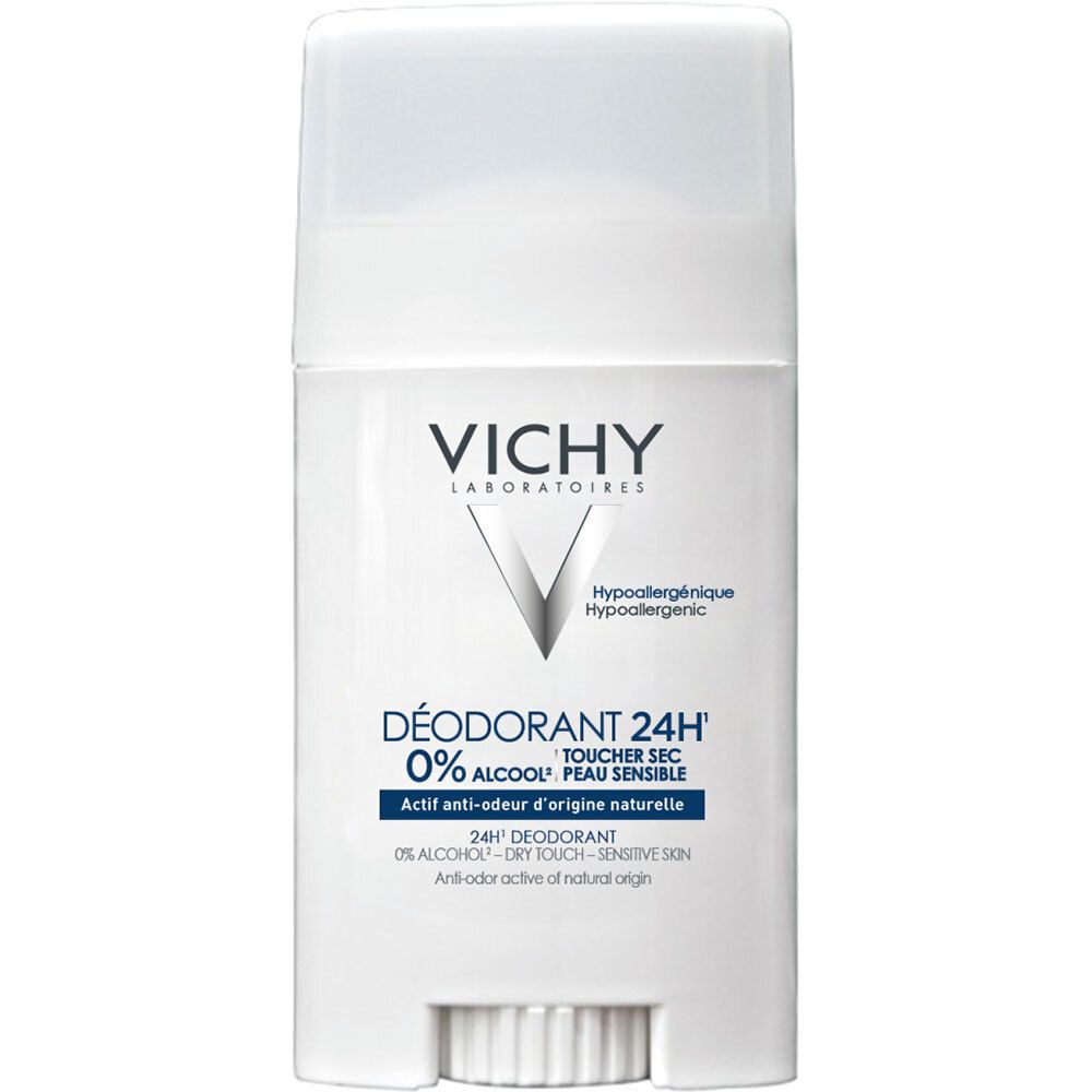 Weißer Deostift mit Deckel. VICHY-Logo und Produktbezeichnung. Text: 24H, 0% Alkohol, für empfindliche Haut.