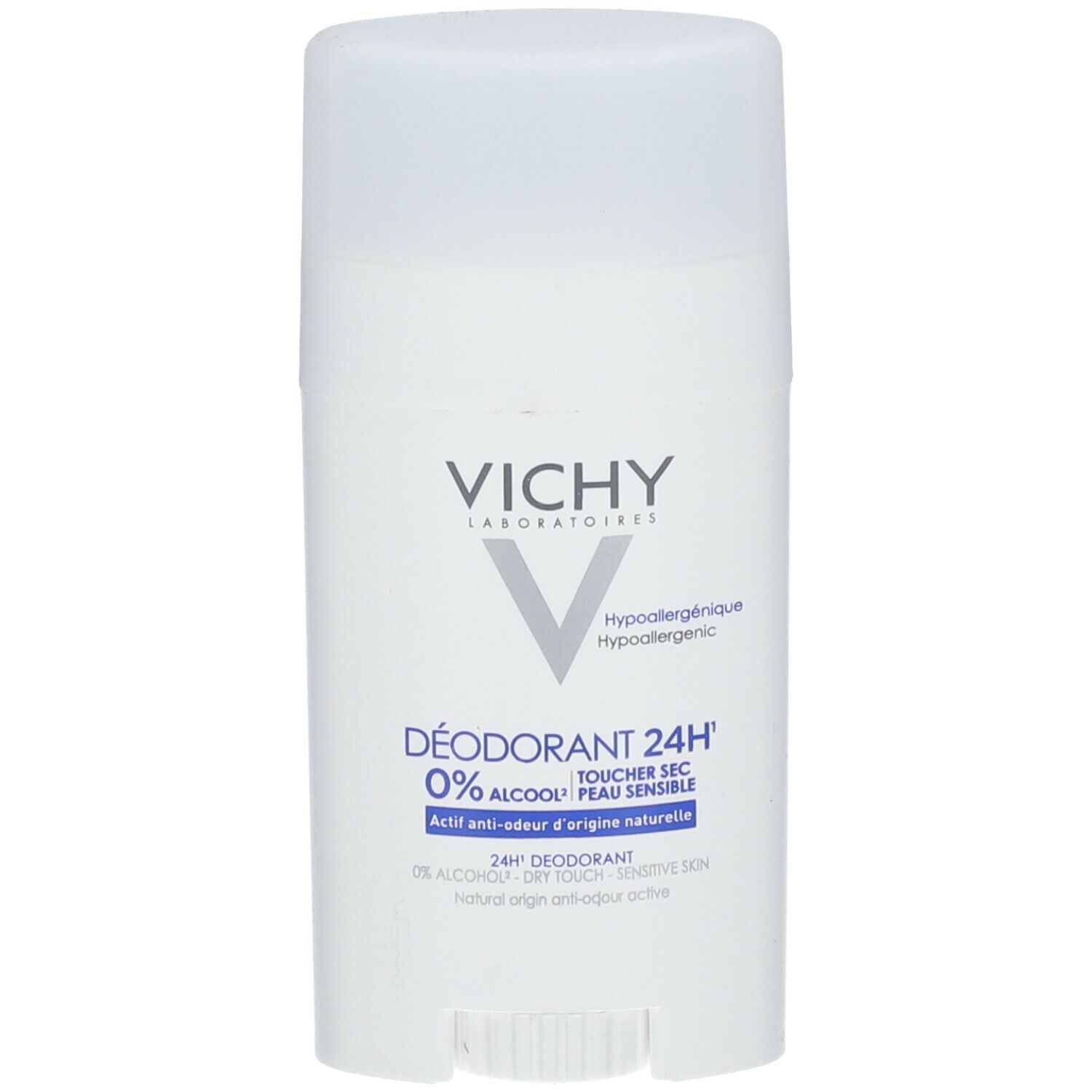 Weißer Deostift mit Deckel. VICHY-Logo und Produktbezeichnung. Text: 24H, 0% Alkohol, für empfindliche Haut.