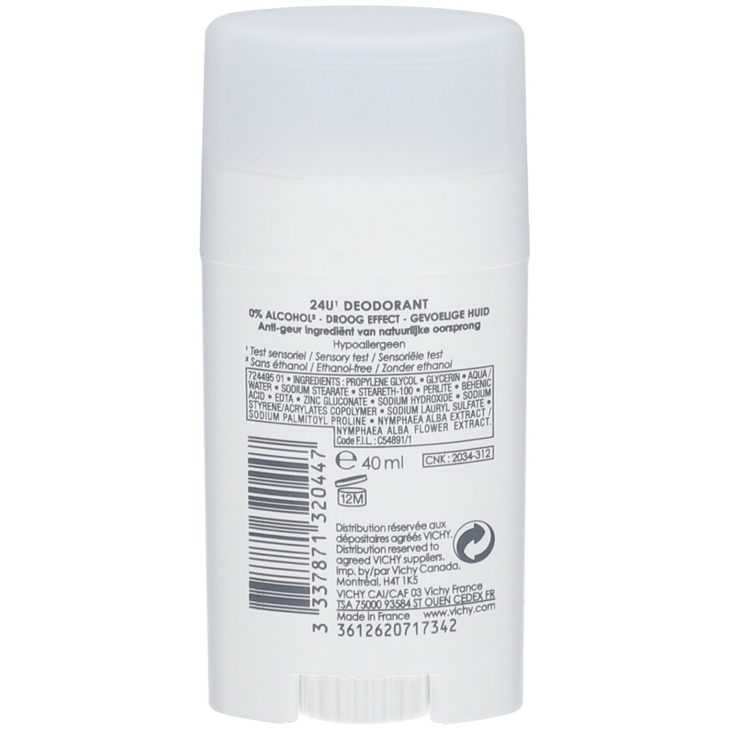 Rückseite eines weißen Deostifts. Text mit Inhaltsstoffen und Herstellerinformationen. Volumen: 40 ml.