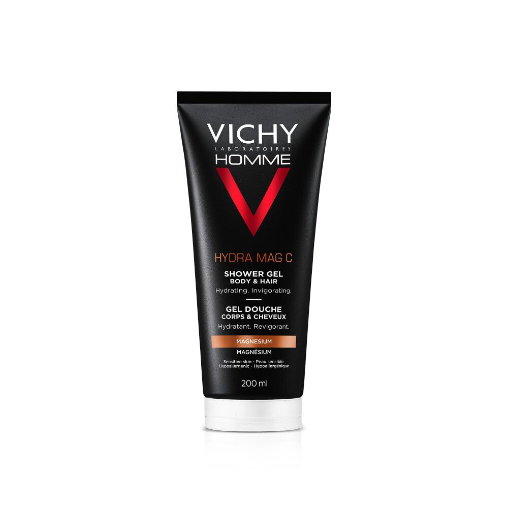 Gel douche VICHY HOMME Hydra Mag C. Texte : Shower Gel Body & Hair. Magnésium. 200 ml.