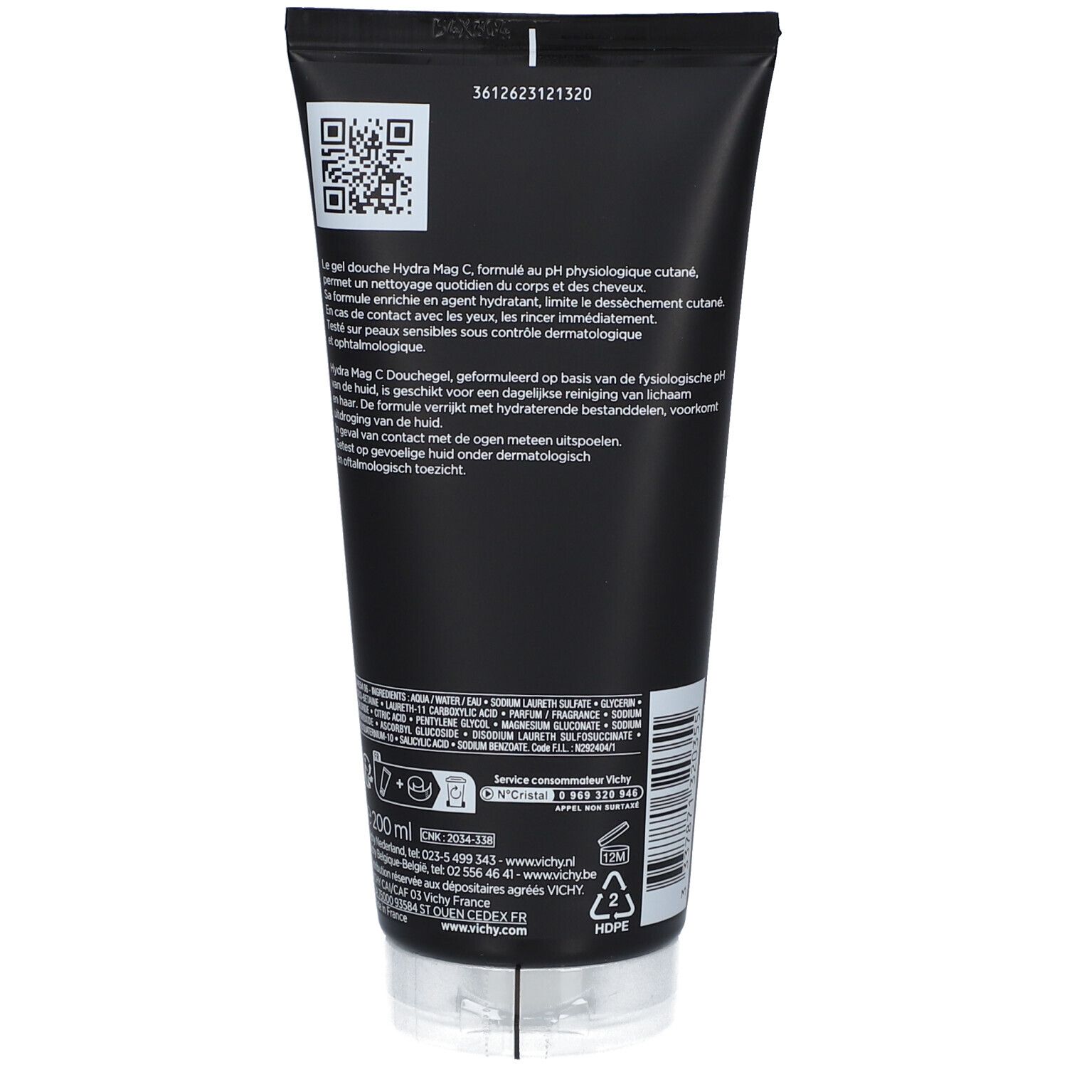 Dos du tube VICHY HOMME Hydra Mag C. Texte et code QR. 200 ml.