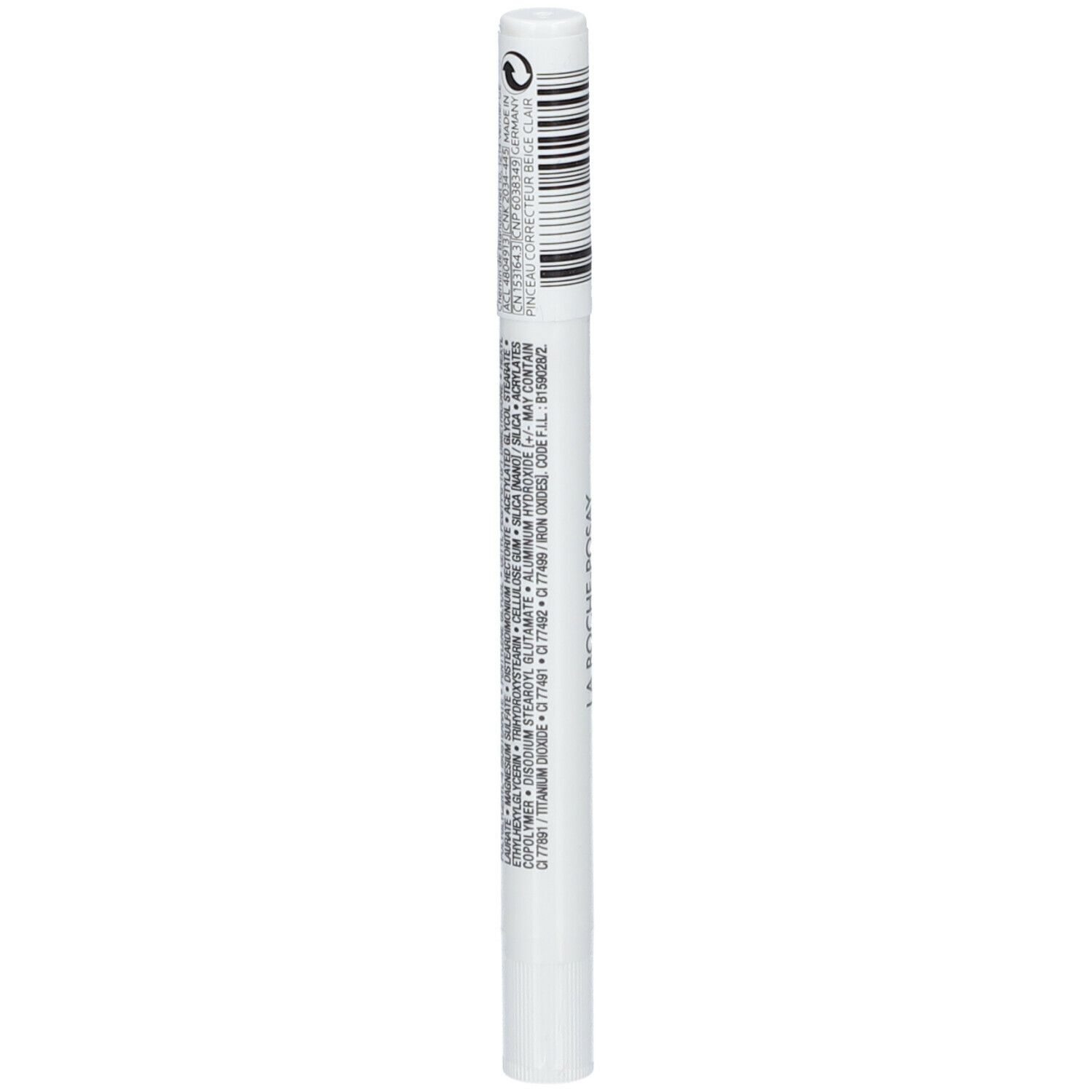 Stylo blanc avec code-barres noir et texte. Inscription: LA ROCHE-POSAY TOLERIANE.