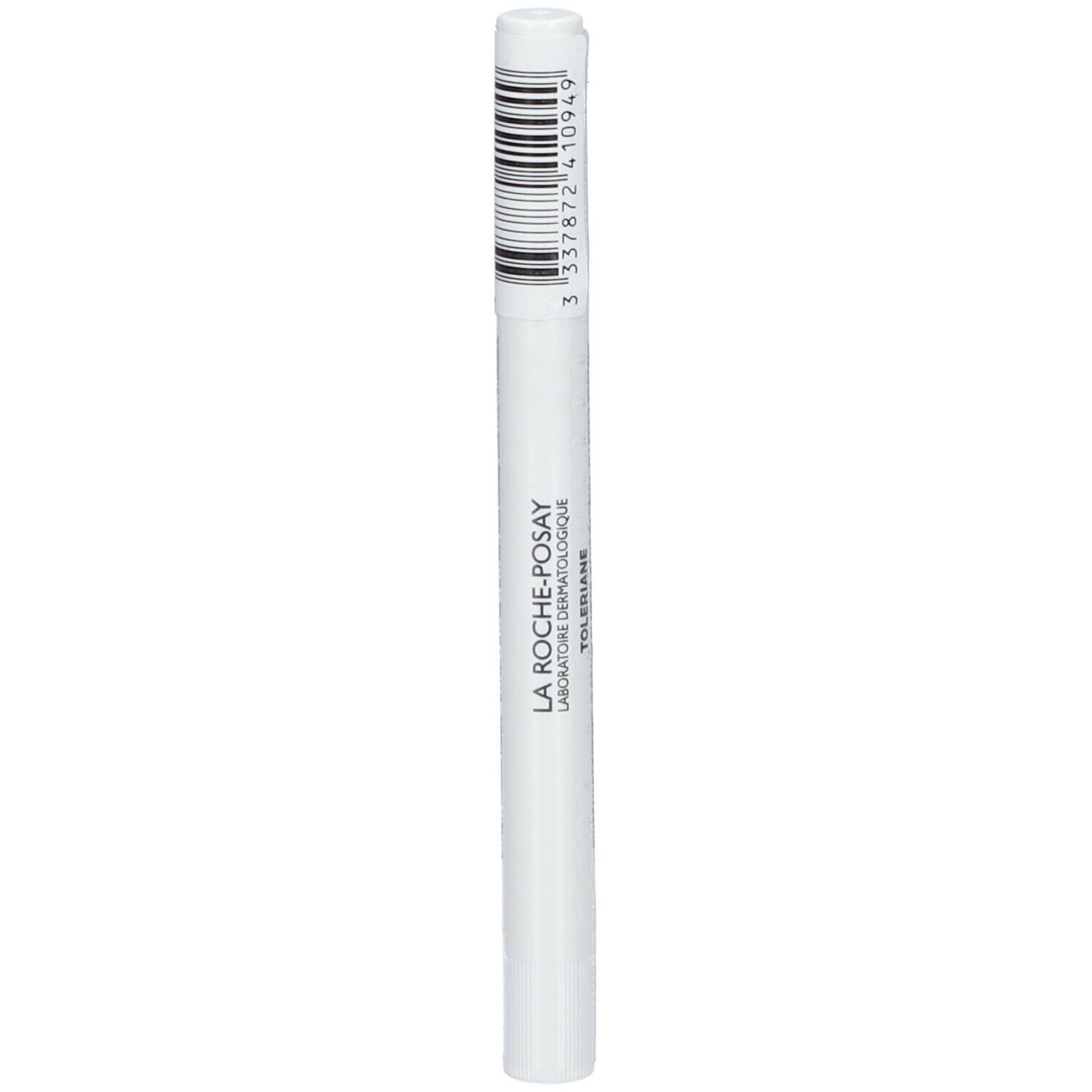 Stylo blanc avec code-barres noir. Inscription: LA ROCHE-POSAY TOLERIANE.
